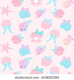 Retro coquette Summer seamless pattern seashells with bow in pastel beach vibe for cute girly fabric and digital surface design