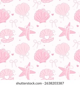 Retro coquette Summer seamless pattern with pearl bow seashells in pastel pink beach vibe for cute girly fabric and digital surface design