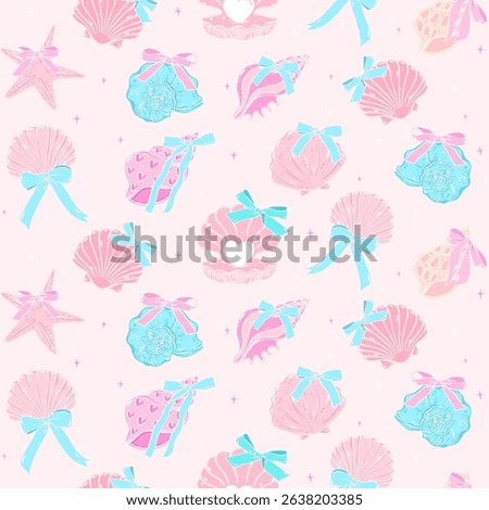 Retro coquette Summer seamless pattern seashells with bow in pastel beach vibe for cute girly fabric and digital surface design