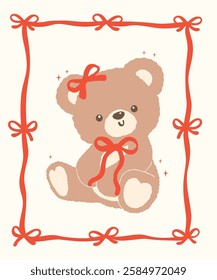 Retro Coquette Teddy Bear with Bow in Ribbon Frame Cartoon Hand Drawn flat design