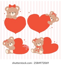Retro Coquette Teddy Bear with Red Heart Valentine Cartoon Hand Drawn flat design set