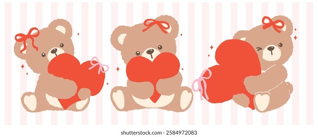 Retro Coquette Teddy Bears Hug Red Heart Valentine Cartoon Hand Drawn flat design set