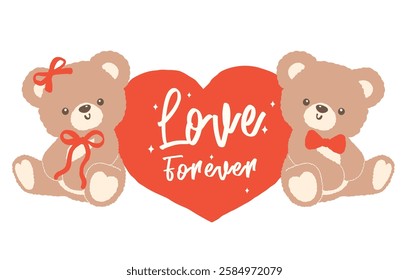 Retro Coquette Two Teddy Bears with Red Heart Valentine Cartoon Hand Drawn flat design