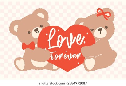 Retro Coquette Two Teddy Bears Hug Red Heart Valentine Cartoon Hand Drawn flat design