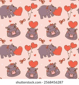 Retro Coquette Valentine Cute Baby Pygmy Hippo Seamless Pattern isolated on background