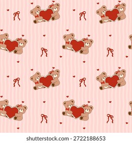 Retro Coquette Valentine patrón sin fisuras vintage Osos de peluche Pareja abrazando el marco del corazón rayado Shabby Chic Preppy fondo imprimible