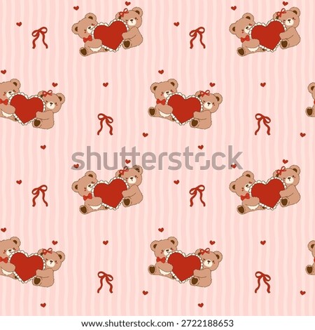 Retro Coquette Valentine seamless pattern vintage Teddy Bears Couple Hugging Heart Frame Striped Shabby Chic Preppy Printable Background