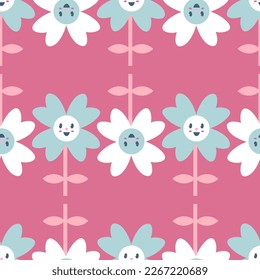 Retro cornflowers with smiling faces seamless pattern. Spring print for tee, paper, fabric, textile. Vintage vector illustration for decor and design.





