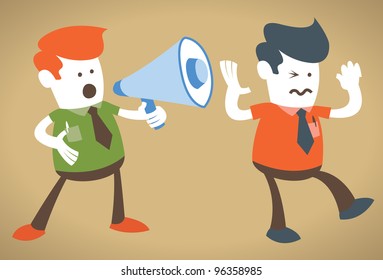 Retro Corporate Guy holding a megaphone is deafening.