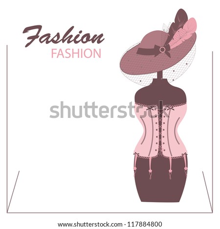 Retro corsets and a  hat with feathers on the mannequin