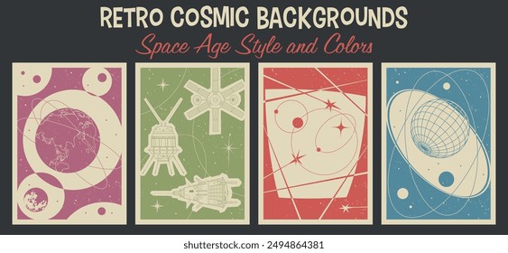 Retro Cosmic Background Set, Space Age Style and Colors. Specraft, Probe, Earth, Moon. Vector Template for 1950s - 196s Style Space Posters, Covers, Illustrations 