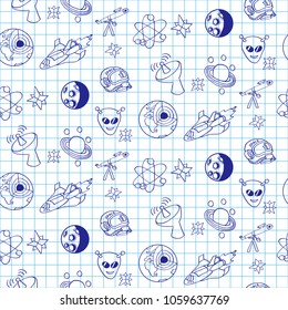 Retro cosmic doodle background. Seamless pattern of vector hand drawn space objects on notebook page.