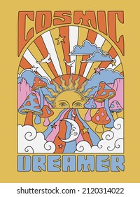 Retro 60’s Cosmic Dreamer Psychedelic Hippy Mushroom Sunshine and Rainbows Illustration Print.