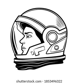Retro cosmonaut head in helmet vector illustration. Black and white cosmonaut or astronaut head. Galaxy and cosmos exploration concept can be used for retro template, banner or poster