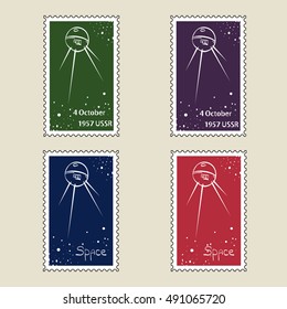 Retro cosmos stamps. Set of vector postage stamps. USSR. Set of sputnik.