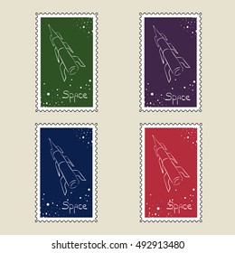 Retro cosmos stamps. Set of vector postage stamps. Set of sputnik and spaceship.