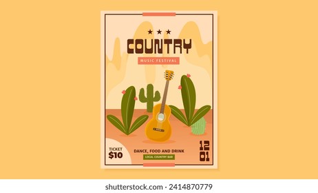 Retro Country Music Festival Poster. Vector Graphic Template. Local Country Bar. Food, dance and drink. Cacti, guitar and desert. Ranch life.