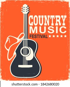 Retro Country music poster of acoustic guitar and cowboy American hat. Vector music background with text on old paper texture