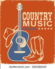 Retro Country Music Poster Of Acoustic Guitar And Cowboy American Hat And Boots. Vector Music Background With Text On Old Grunge Paper Texture