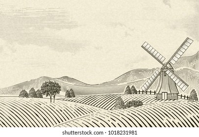 Retro countryside scenery, field and windmill elements in etching shading style on beige background