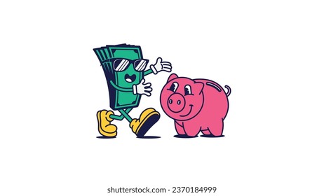 Retro couple character vector illustration. Happy Money and Piggy Bank cartoon.