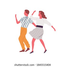 Retro couple dance lindy hop together synchronously. Faceless pair dancing swing, jive or step in 1940s style costumes. Dancers on jazz party. Flat vector cartoon illustration isolated on white