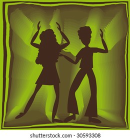 retro couple dancing in green light with brown background