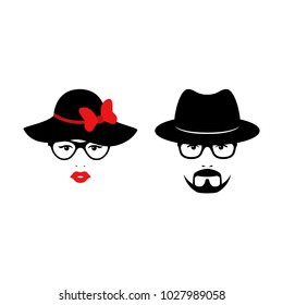 Retro couple with glasses anh hats. Woman and man faces. Wedding concept. Vector illustration