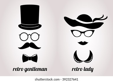 Retro couple portraits. Cartoon accessories vector icon set.