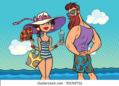 retro couple at the sea, young woman bearded hipster