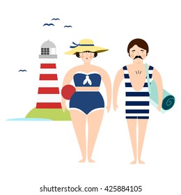 Retro couple in swimming suit by the sea, summer isolated vacation vector illustration, flat design