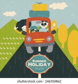 retro  couple traveling by car, vector illustration