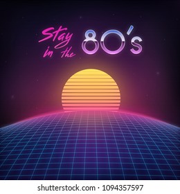 Retro Cover 1980s. Digital planet, space and sun. Laser grid on terrain in cyber world. Retro futuristic background 80s style.
