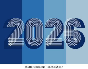 Retro cover background with horizontal 2026 number on geometric blue background. Graphic design vector illustration for Happy New Year Christmas Banner Greeting Card Invitation Poster Flyer Party Icon