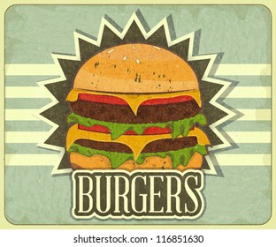 Retro Cover For Fast Food Menu - Hamburger On Vintage Background - Vector Illustration