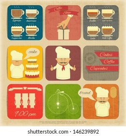 Retro Cover Menu for Cafe in Vintage Style with Types of Coffee Drinks and Graphics Icons. Vector Illustration. 