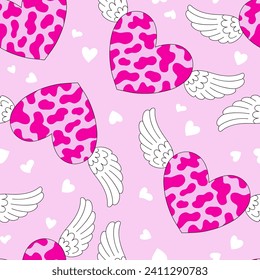 Retro cow spotted heart with angel wings pink aesthetic vector seamless pattern. Saint Valentines Day romantic love background.