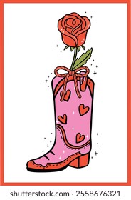 Retro Cowboy Boot with rose flower Western Valentine Hand Drawn Bold Design collection