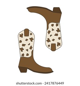 Retro cowboy boots with cow spots. Vector decorated cowgirl and western style cowboy boots. Simple Wild West Sheriff Shoes with Ornament