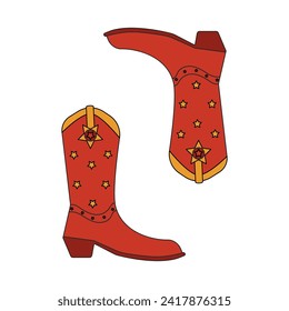 Retro cowboy boots with stars. Vector decorated cowgirl and western style cowboy boots. Wild West concept