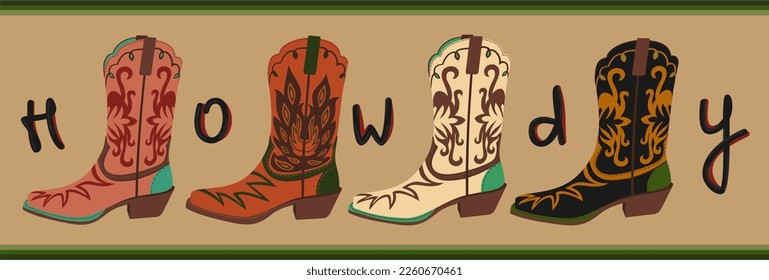 Retro cowboy boots. Vector illustration with lettering. Howdy.