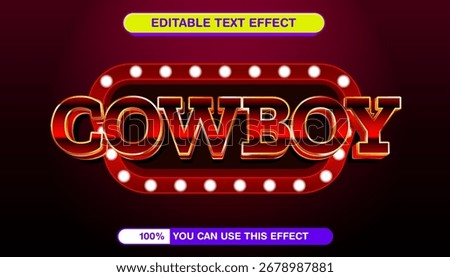 Retro Cowboy editable text effect with 3D red letters and a glowing marquee light bulb frame, vintage signage vector template