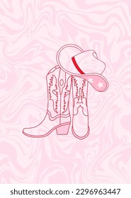 Retro Cowboy fashion print with Cowgirl boots and hat. Wall art vintage preppy and fluid background. Hand drawn vector poster.