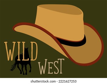 Retro cowboy. Cowboy hat. Head accessory with lettering and silhouette of horse on dark green background.