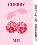 Retro Cowboy print with cherry disco balls. Vintage, preppy wall art with disco mirror ball. Slogan cherry me. Vector illustration for t shirt print, postcard, poster, phone case etc.