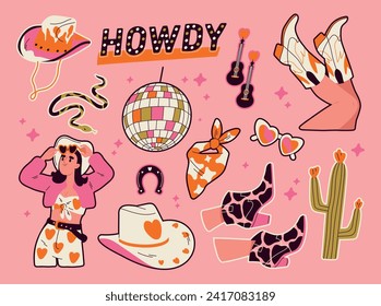 Retro cowboy stickers set. Stylish wild west element, cowgirl boots, disco ball, howdy inscription, cactus and cowboy hat. Hand drawn badges. Cartoon flat vector collection isolated on pink background