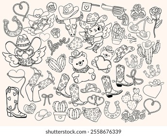 Retro Cowboy Western Valentine Elements doodle outline Clipart Hand Drawn Bold Lined collection