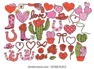 Retro Cowboy Western Valentine Symbolic Element Hand Drawn Bold Design collection