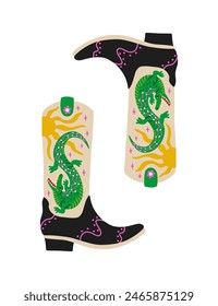 Retro cowgirl boot with alligator and sun. Groovy cowboy western and wild west theme. Hand drawn vector design for t shirt, sticker, poster. 