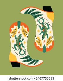 Retro cowgirl boot with Basiliscus and monstera. Groovy cowboy western and wild west theme. Hand drawn vector design for t shirt, sticker, poster. 